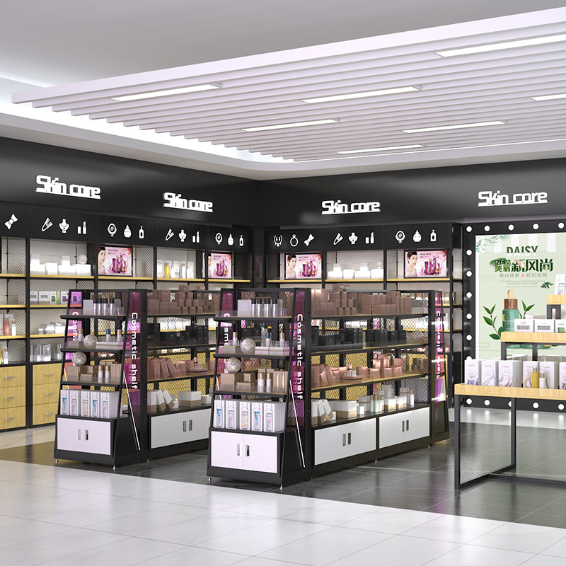 Cosmetic Store Supermarket Gondola Display Shelf Rack Rack System Display Stand Provide 3D Store Layout Glass or Metal Metallic