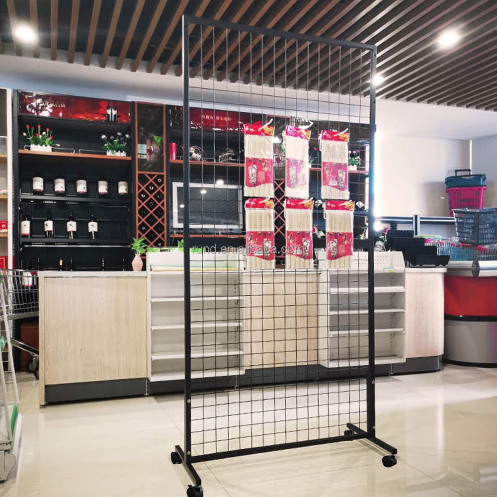 Black Wire Gridwall Two-Double T-Base Tower Floorstanding Supermarket Rack for Craft Fair Display Art Rack Made of Steel