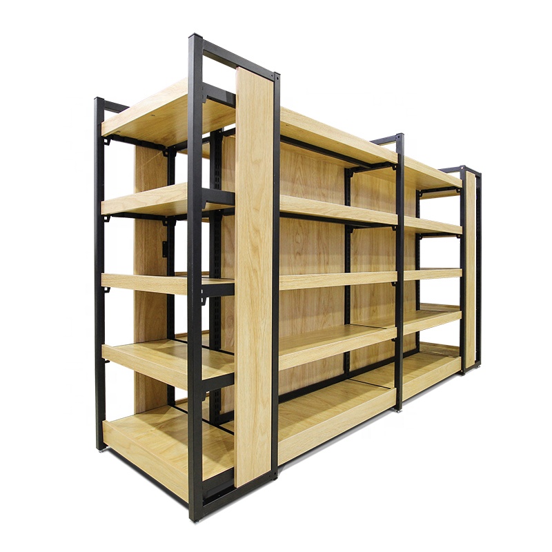 Wooden Gondola Display Rack for Grocery & Supermarkets Steel Store Stand with Metallic Finish for Cosmetic Stores