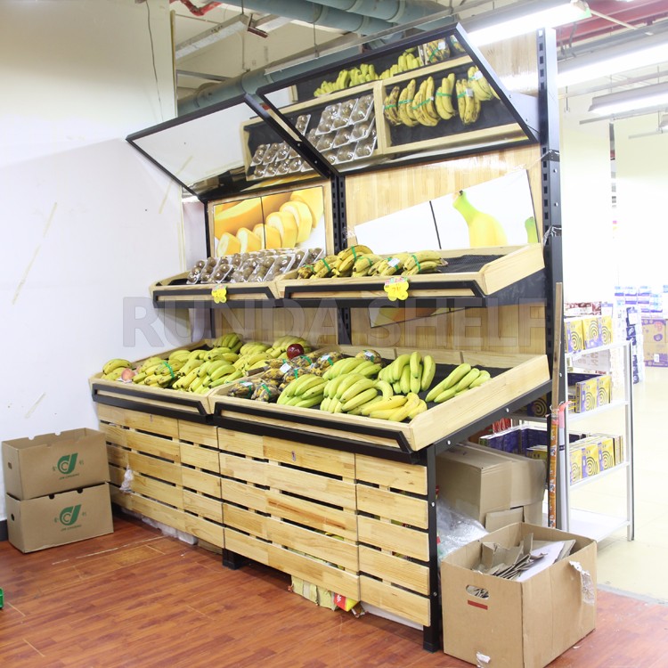 Light Duty Wooden Vegetable Stand Supermarket Storage Rack for Fruit Vegetable Display Single-Sided Iron Plastic Display Shelf
