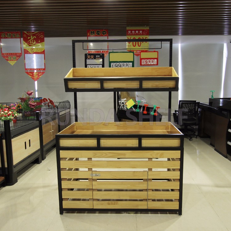 Light Duty Wooden Vegetable Stand Supermarket Storage Rack for Fruit Vegetable Display Single-Sided Iron Plastic Display Shelf