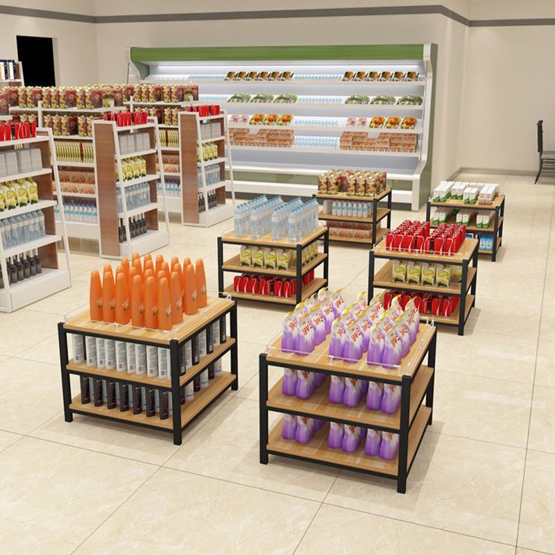 Supermarket Promotion Stack Display Shelf Chemical Washing Stack Head Rack Daily Steel and Wood Shelves Milk, Grain and Oil