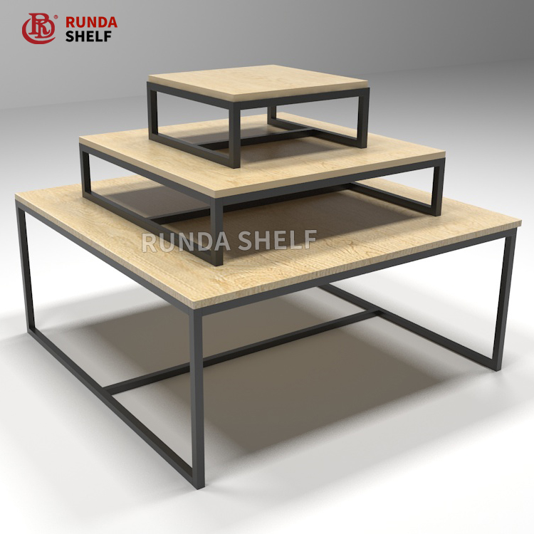Supermarket Rack 3-Layer Heavy Duty Display Table Single-Sided Promotion Stand in Wood and Steel for Promotions
