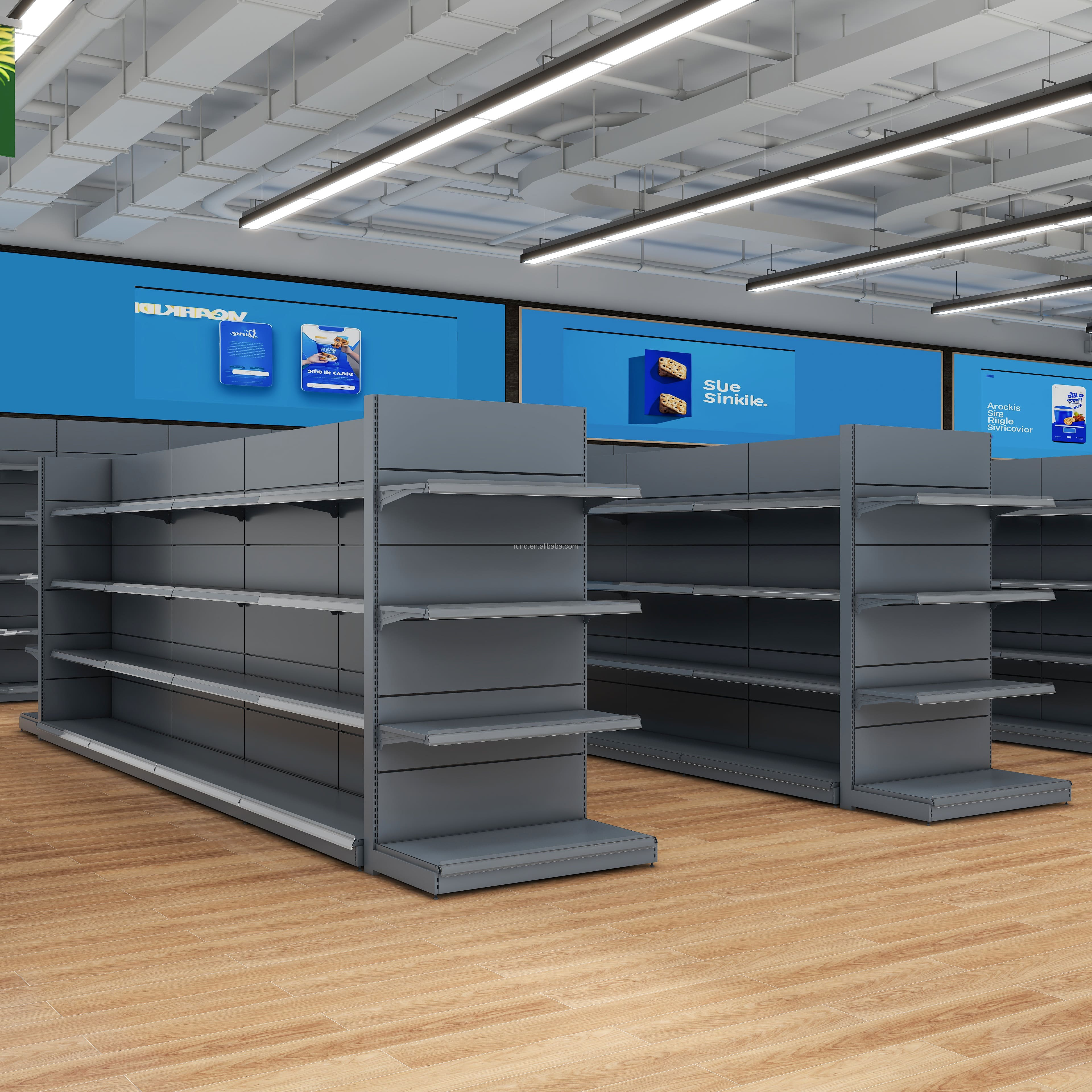 Heavy-Duty Double-Sided Steel Gondola Shelf for Retail Department Store and Grocery Rack Supermarket Metallic Storage Solution