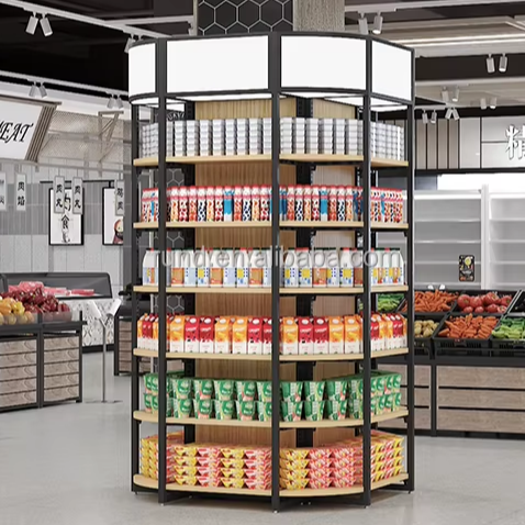 Custom Size Round Wooden Display Booth Supermarket Rack for Goods Promotions