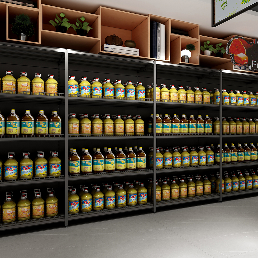 Supermarket shelf Heavy-Duty Wood Steel Acrylic Metallic Material for Grain Oil Store Shelf