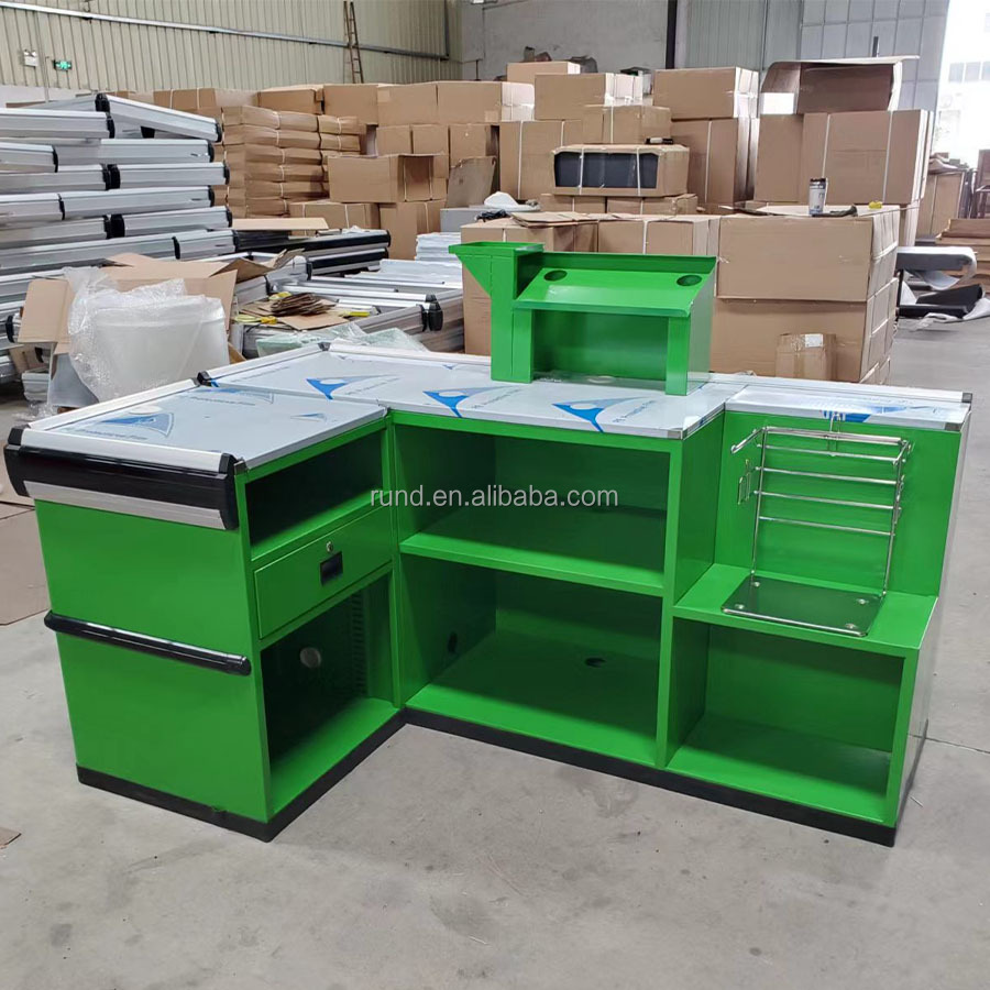 Steel Cash Register Checkout Counters for Supermarket and Retail Store Use with Corner Rack