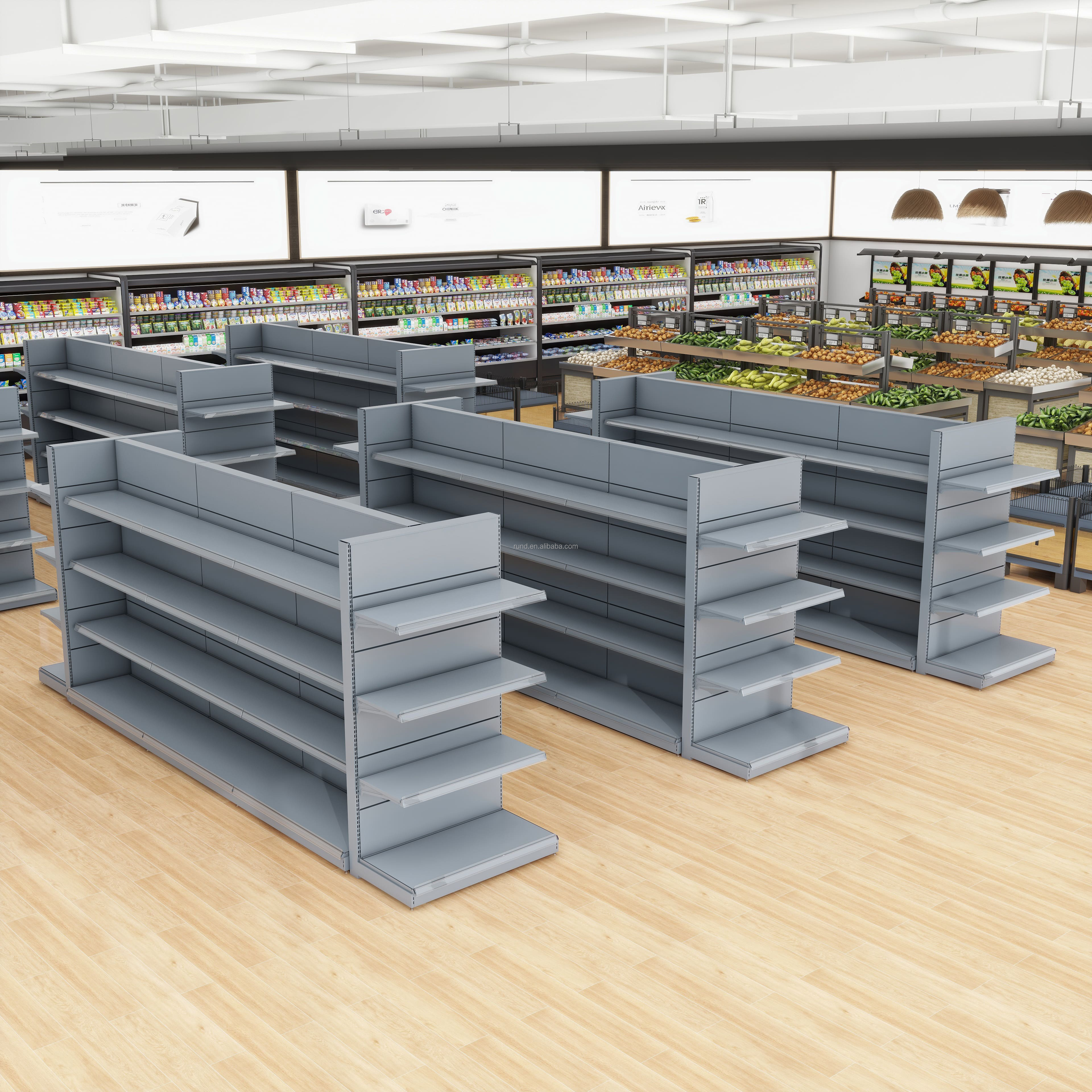 Heavy-Duty Double-Sided Steel Gondola Shelf for Retail Department Store and Grocery Rack Supermarket Metallic Storage Solution