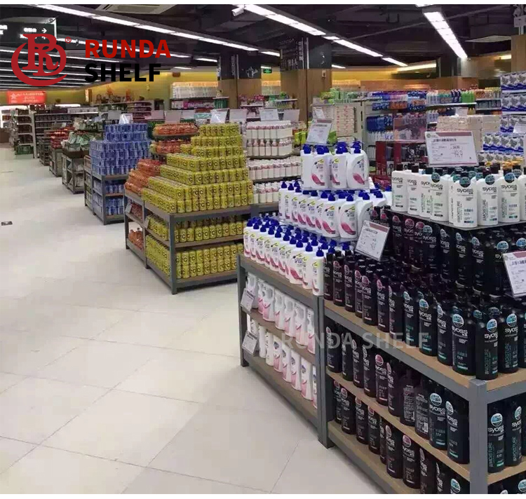 Supermarket Rack Metallic Wood Shelves Milk Grain Oil Daily Chemical Washing Stack Head Rack