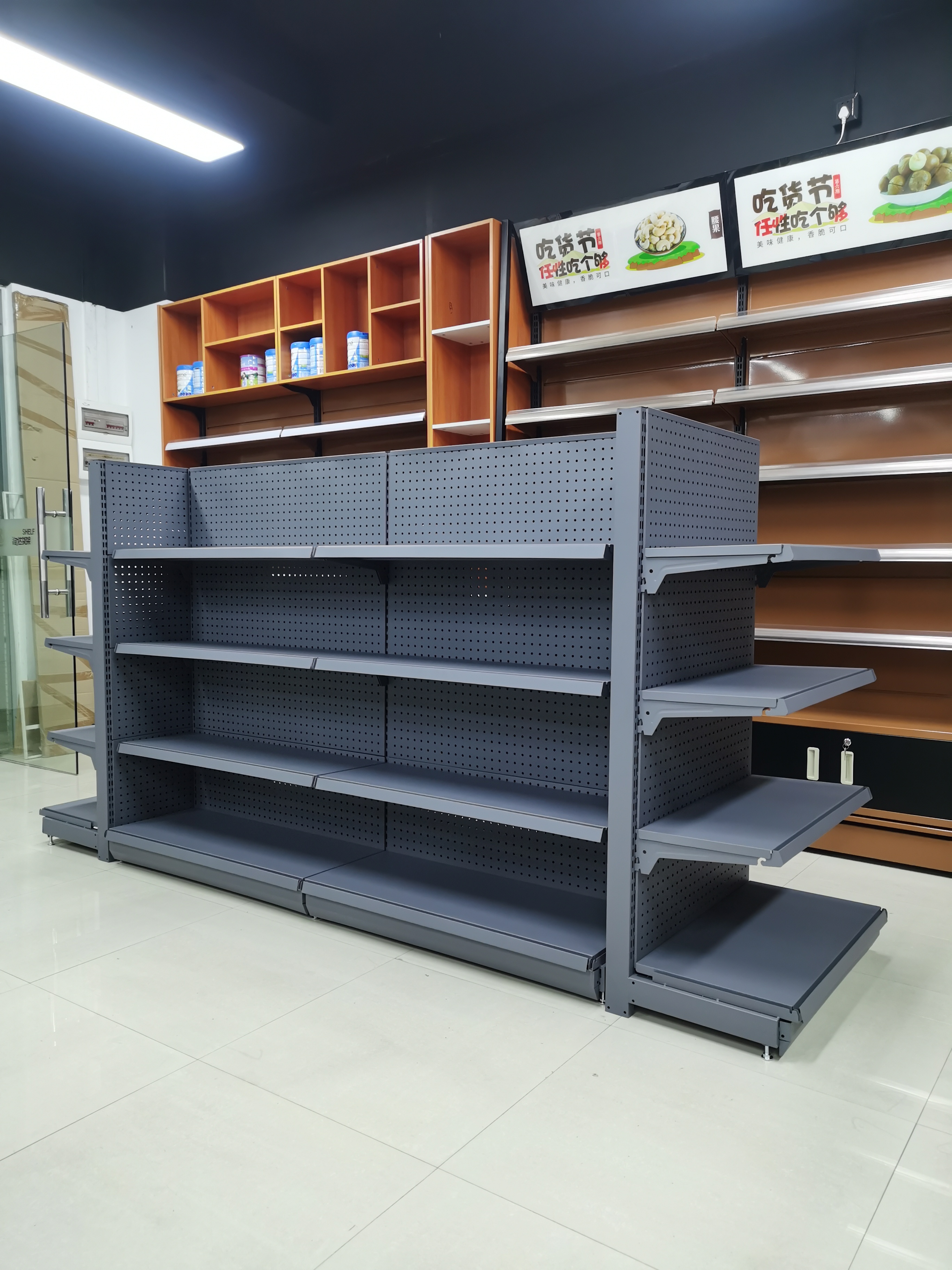 RD 19# Modern Heavy-Duty Double-Sided Steel Metal Supermarket Gondola Rack Freestanding Display Shelves for Grocery Convenience