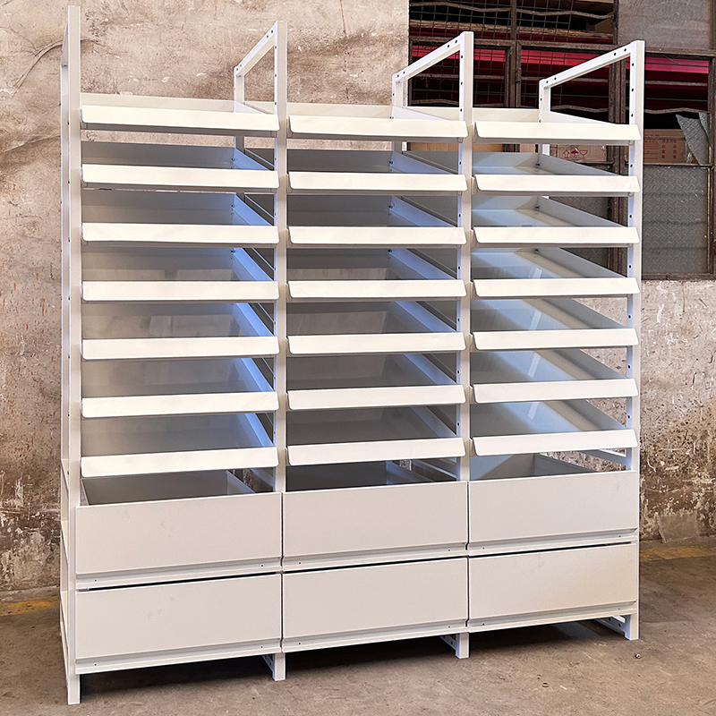 Single-Sided Adjustable Metallic Supermarket Rack for Pharmacy Tablet Medicine Display with Glass Shelves