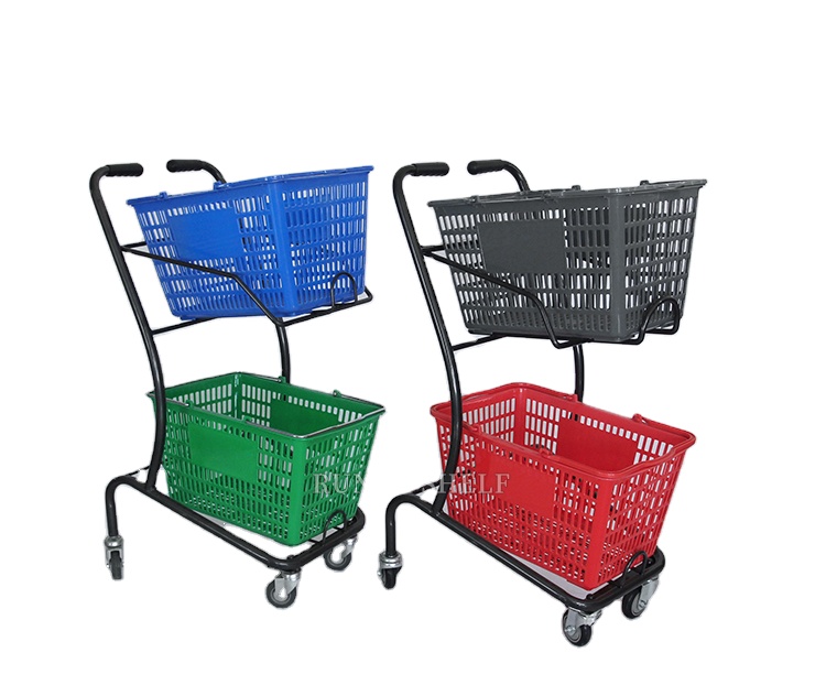RUNDA ST-08 Supermarkets Shopping Cart RD Double Deck Unfolding Chrome Plated 3 Inch 50kg Capacity 60L Shopping Trolley