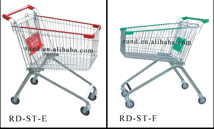 Supermarket Shopping Cart Trolley Metal 80L Capacity Silver+Red Color Unfolding Style Hand Push Trolley for Store Use