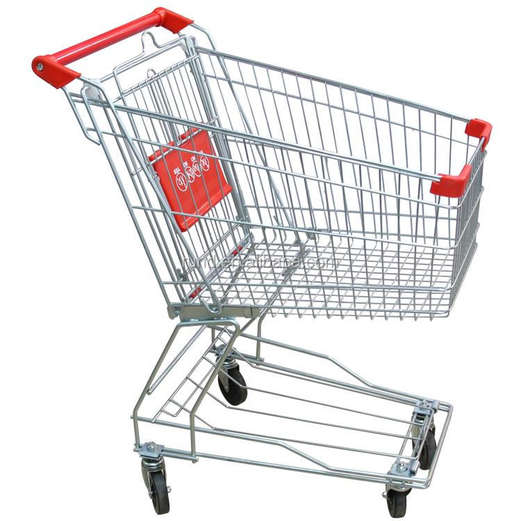 Supermarket Shopping Cart Trolley Metal 80L Capacity Silver+Red Color Unfolding Style Hand Push Trolley for Store Use