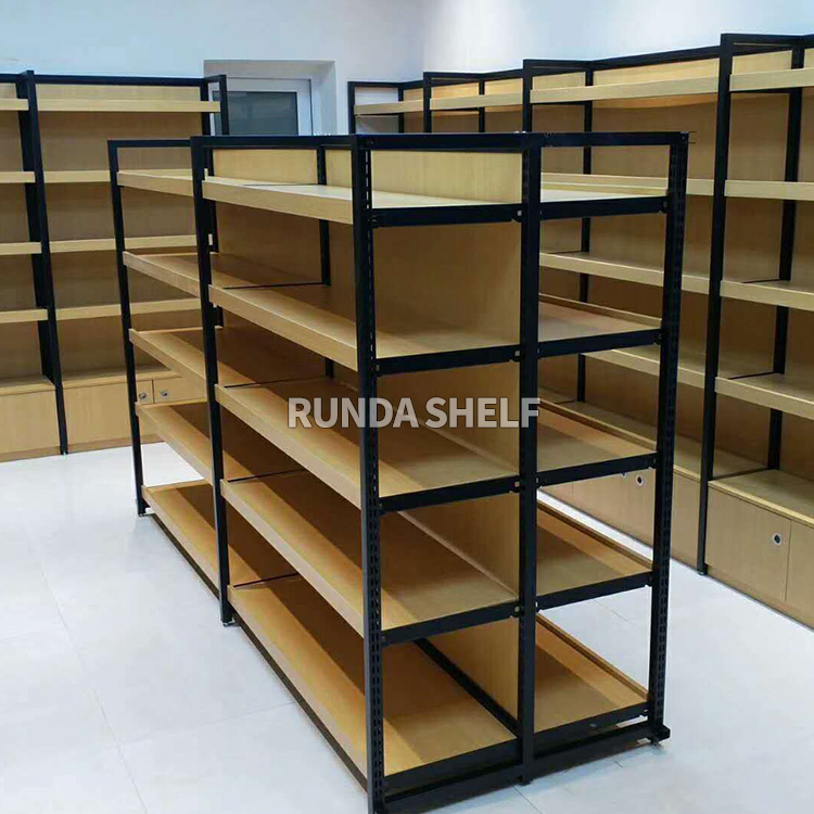 Double-Sided Light Duty Wooden Shelves with Metallic Material Single-Sided Supermarket Rack for Display RZ Metal & Steel
