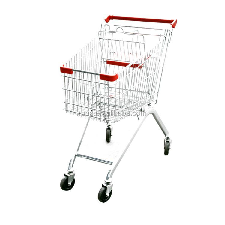 Supermarket Shopping Cart Trolley Metal 80L Capacity Silver+Red Color Unfolding Style Hand Push Trolley for Store Use
