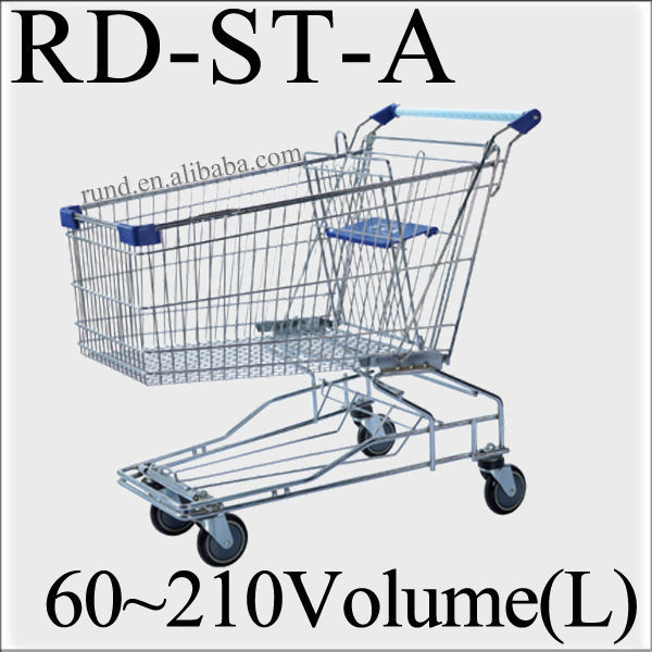 Asian Supermarket Folding Hand Trolley with Coin Lock Zinc Plated Plastic & Steel 50-130kg Capacity Red/Blue Shopping Cart