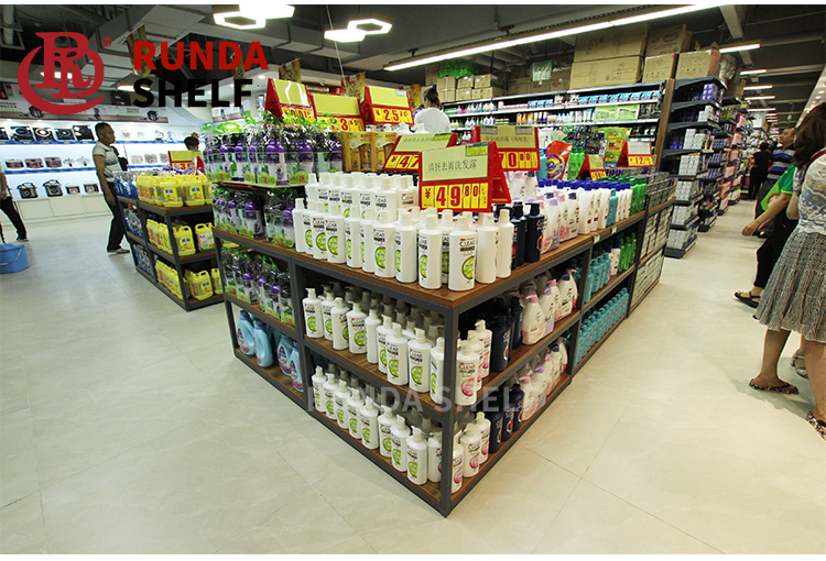 Supermarket Rack Metallic Wood Shelves Milk Grain Oil Daily Chemical Washing Stack Head Rack