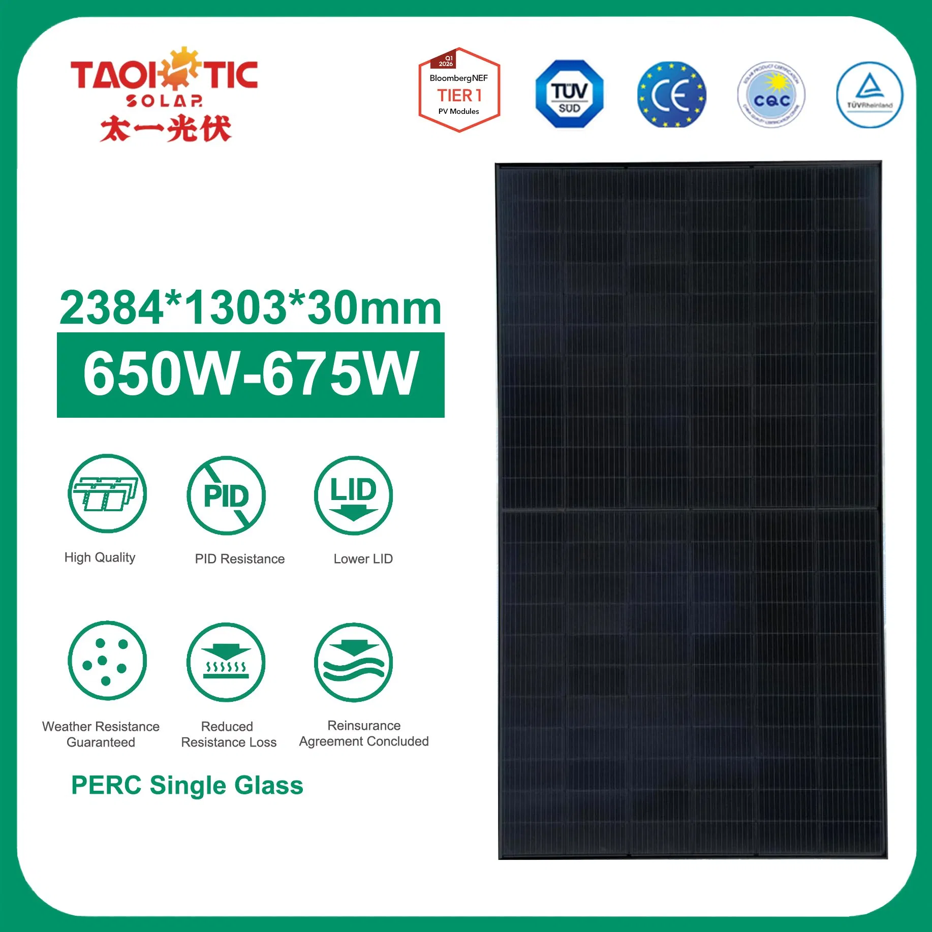 Taoistic Best Seller Aluminum Frame Monocrystalline Perc Single Glass 650-675W Perc Bifacial Dual Glass Solar Panel