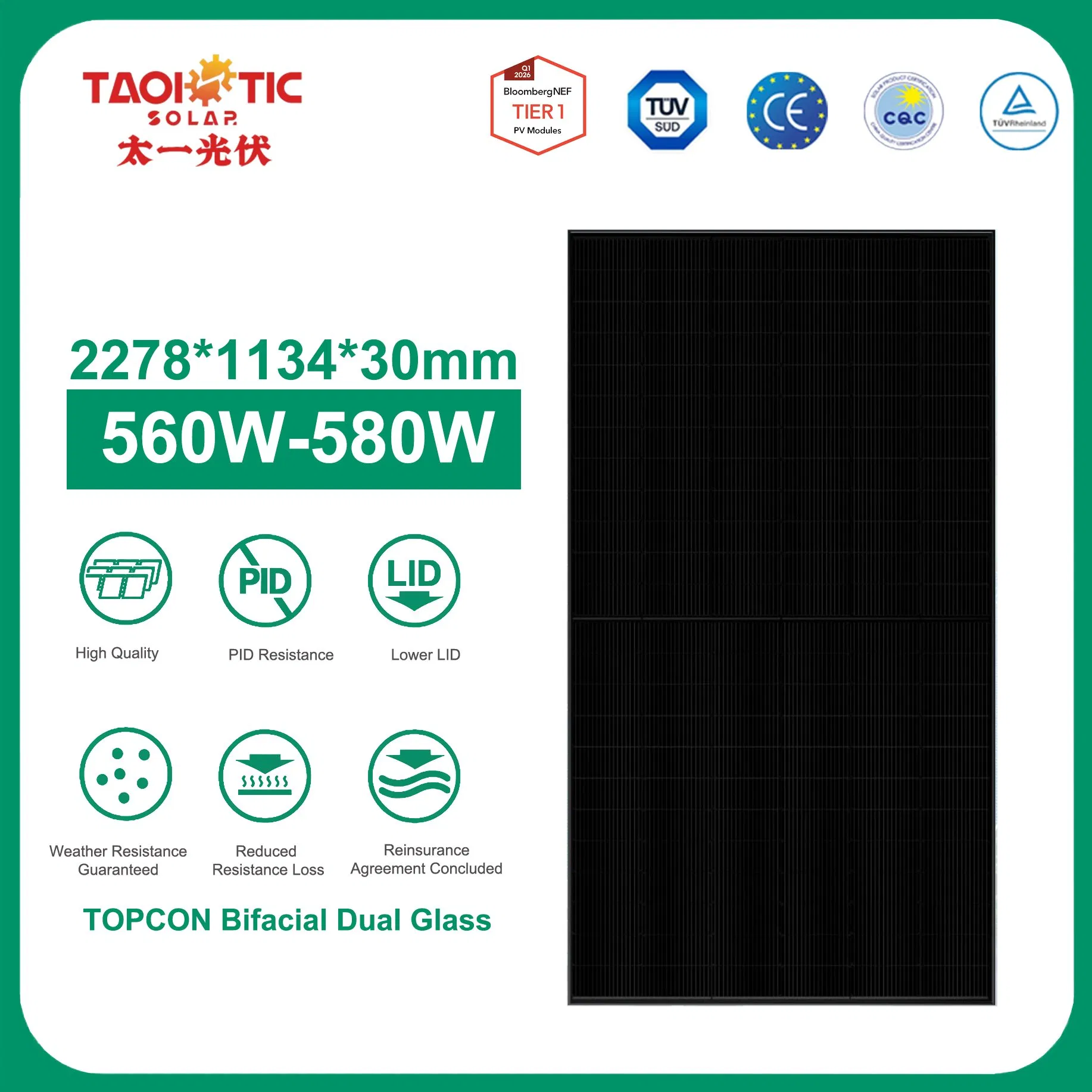 Taoistic Black Customized Topcon Bifacial Dual Glass 560-580W Monocrystalline Photovoltaic Solar Panel