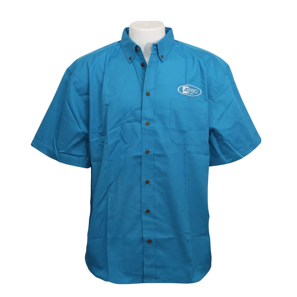 65% قطن، 35% أقمشة بوليستر منسوجة تصميم مخصص مصنع جملة قمصان عمل للرجال بأكمام قصيرة مزودة بأزرار