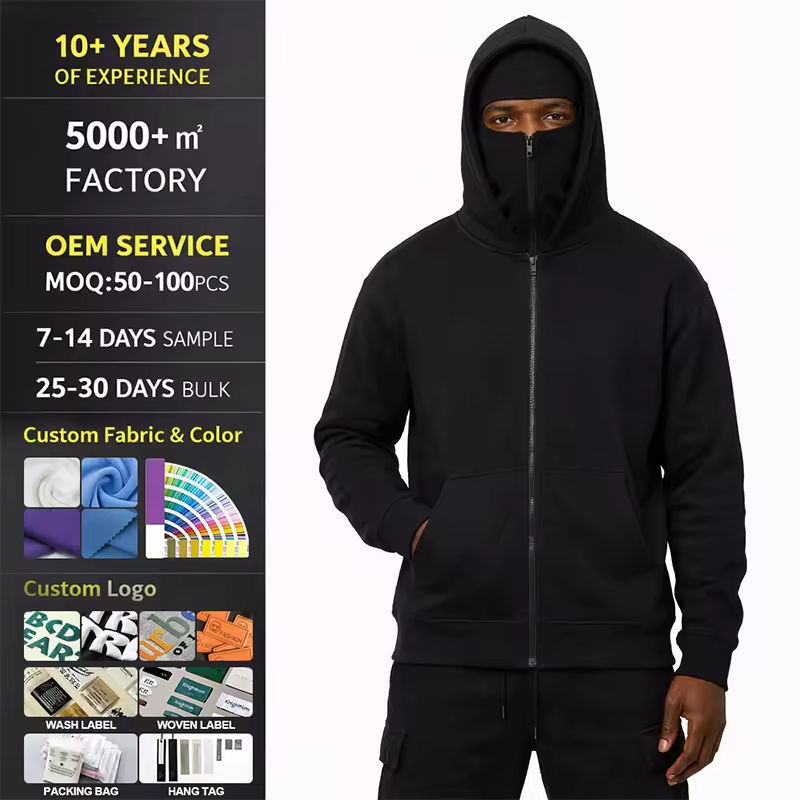 سويت شيرت أساسي مخصص مع غطاء رأس، جاكيت، قناع وجه، سحاب، هودي للرجال