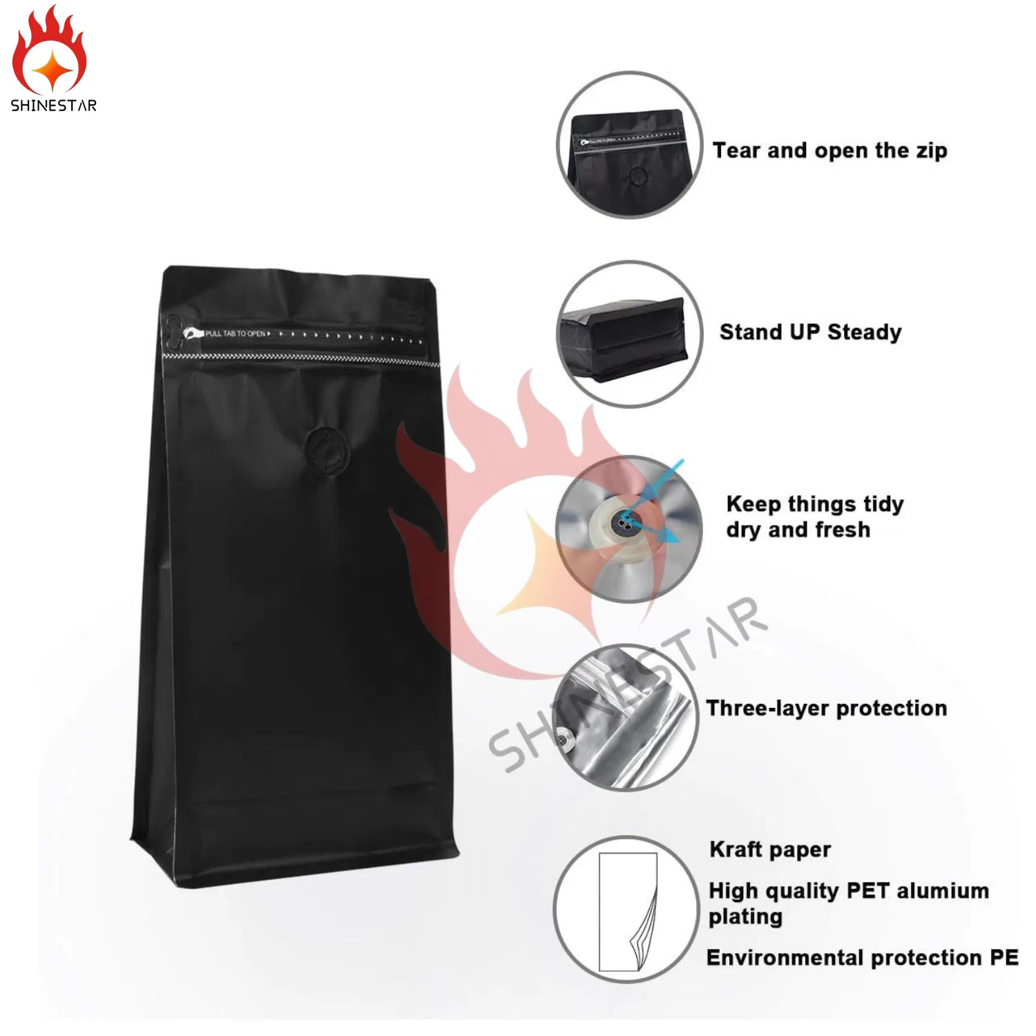 Wholesale Stand up Coffee Pouch with Valve and Zipper - 250g / 500g / 1kg / Custom Logo Black Aluminum Foil Coffee Bags for Beans Powder