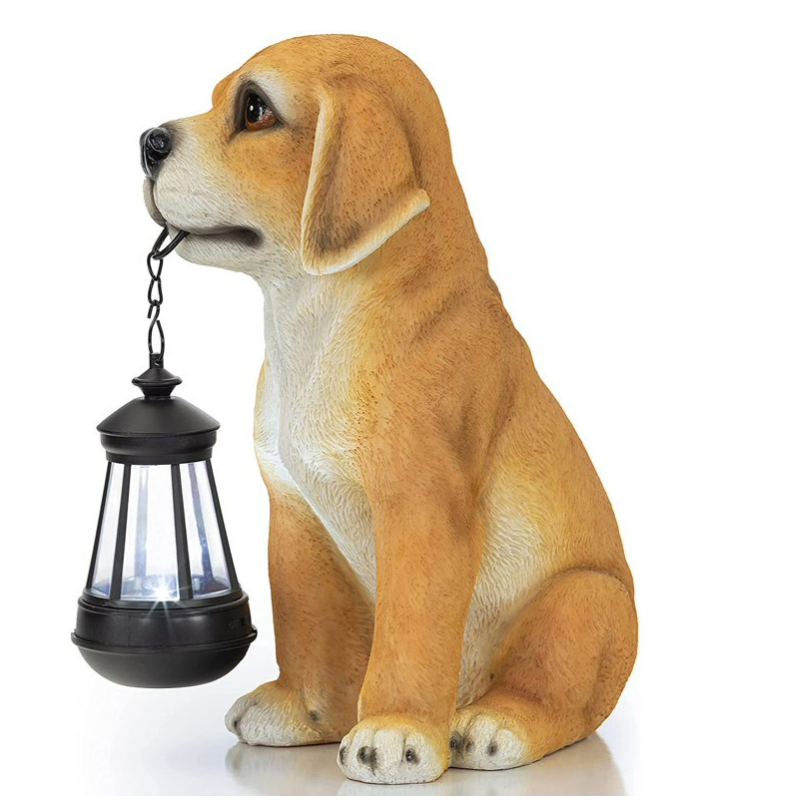 BSCI Factory Resin Golden Puppy with Lantern Solar Powered LED Outdoor Decor Garden