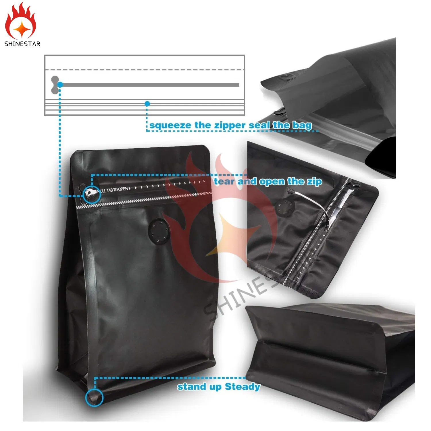 Wholesale Stand up Coffee Pouch with Valve and Zipper - 250g / 500g / 1kg / Custom Logo Black Aluminum Foil Coffee Bags for Beans Powder