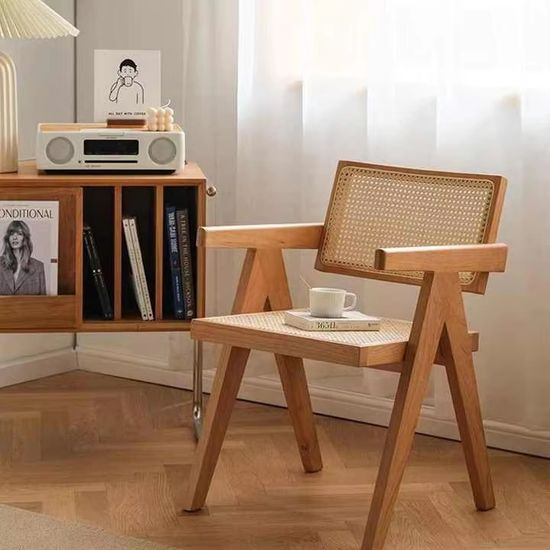 Nordic Countryside-Style Solid Wood Rattan Leisure Chair for Living Room Study Room