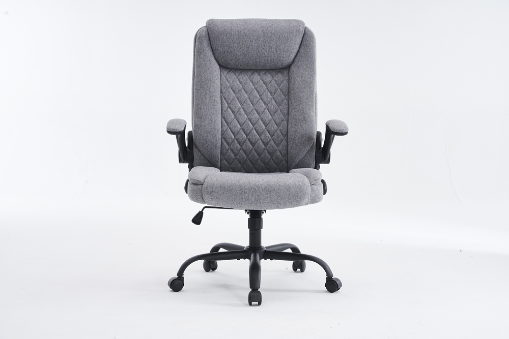 Eclipse Home Executive Chair - Beige/Grey Fabric Design, 4-Point Black Flip Arms, Butterfly Base, Class-3 Gas Lift &amp; Matte Iron Base