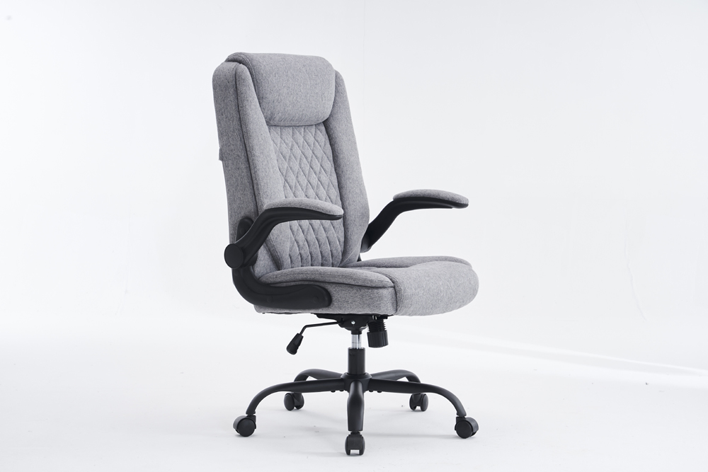 Eclipse Home Executive Chair - Beige/Grey Fabric Design, 4-Point Black Flip Arms, Butterfly Base, Class-3 Gas Lift &amp; Matte Iron Base