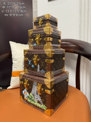 Famous 4pcs Stackable Mini Trunk Set | LV Style Painted Monogram Jewelry & Watch Box, Nesting Russian Doll Design Manufacturer, Factory