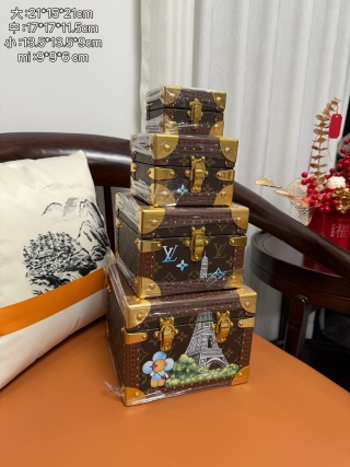 Famous 4pcs Stackable Mini Trunk Set | LV Style Painted Monogram Jewelry & Watch Box, Nesting Russian Doll Design Manufacturer, Factory