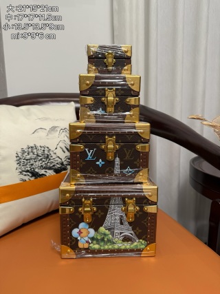 Famous 4pcs Stackable Mini Trunk Set | LV Style Painted Monogram Jewelry & Watch Box, Nesting Russian Doll Design Manufacturer, Factory