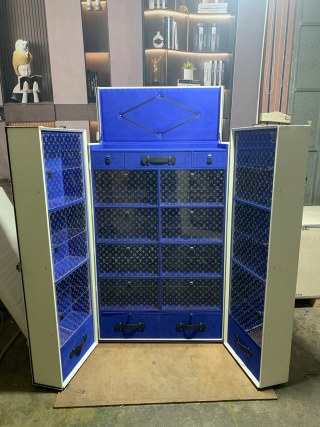 Best Custom Luxury Shoe Cabinet – Monogram Pattern with Vibrant Blue Interior Exporter, Service