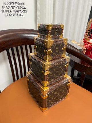 Famous 4pcs Stackable Mini Trunk Set | LV Style Painted Monogram Jewelry & Watch Box, Nesting Russian Doll Design Manufacturer, Factory