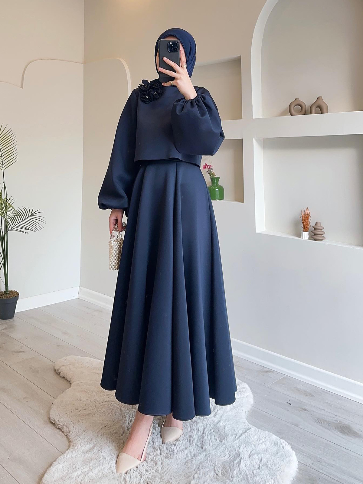 2025 Autumn Collection New Women's Casual Loose Dress Long Lantern Sleeves Solid Color Islamic Muslim Eco-Friendly Two Piece Set