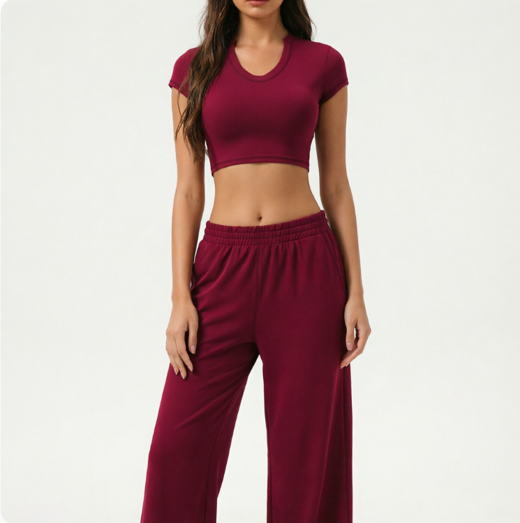Women's Eco-Friendly Yoga Fitness 2-Piece Set. Solid Short Outdoor Casual Running Clothing. Breathable Elastic Waist Front Style