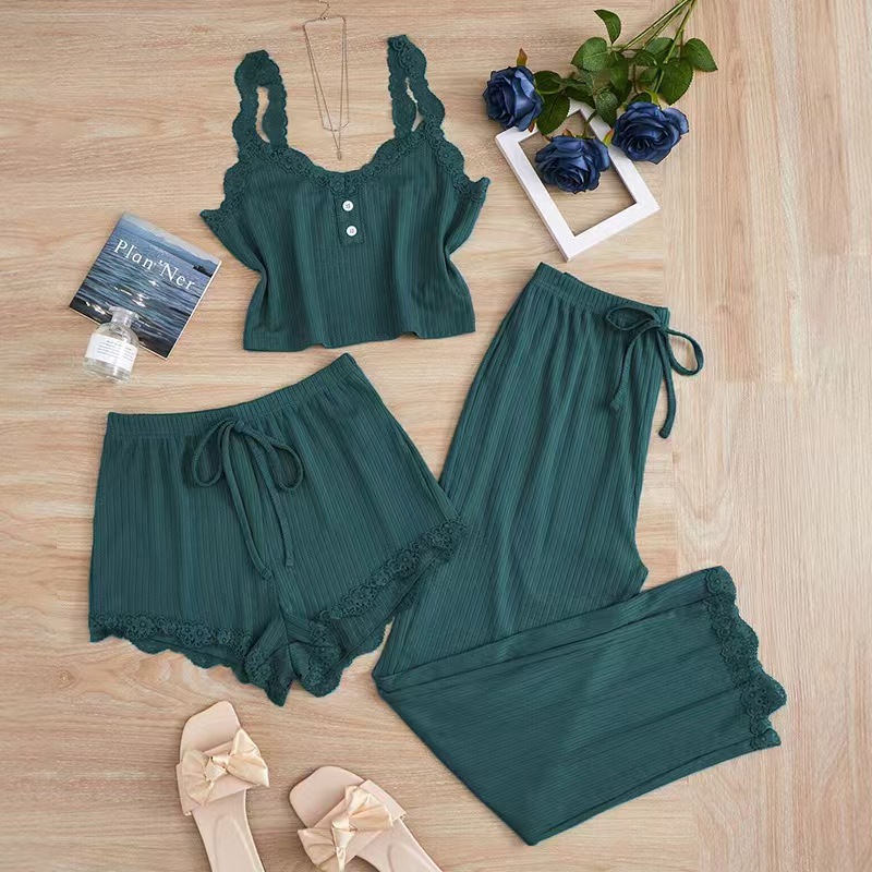 Women's Summer 3PCS Pajama Sets Party Gift Solid Vest Shorts and Pants Paired with Lace Splicing for Homewear Sexy Sleepwear Set