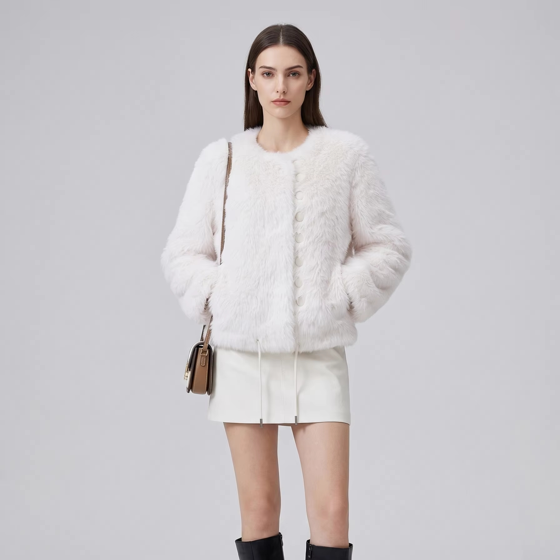 Women's Eco-Friendly Ultra Warm Single Button Short Coat-100% Polyester Faux Fur Fashion Jacket