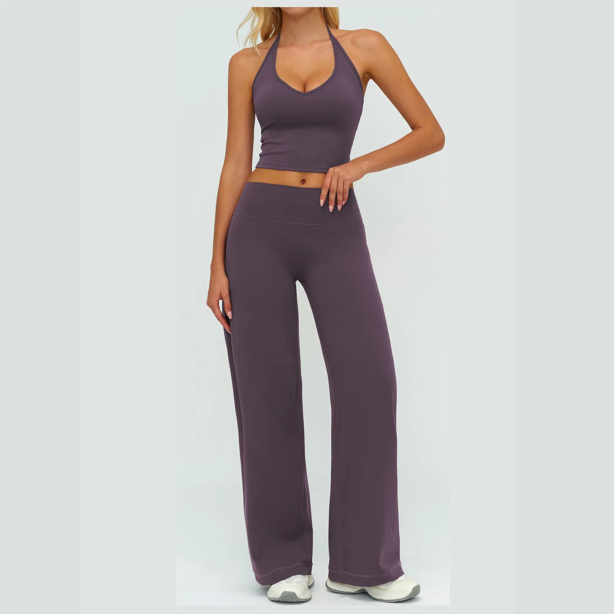 Elegant Resort Wear Yoga Set Halter Neck Top &amp; Flowing Wide Leg Palazzo Pants, Naked Feel for Beach &amp; Vacation