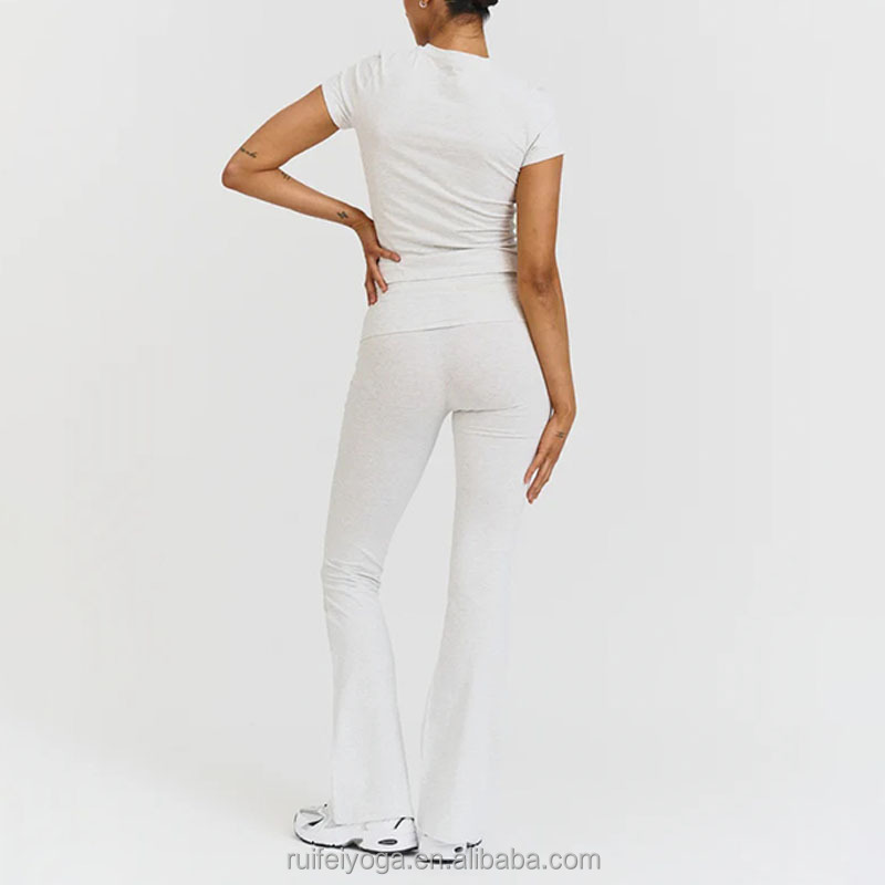 Custom Logo Short Sleeves Slim Fit Gym Tee Cotton T-Shirts Wide Leg Fold-over Yoga Pants Flared Leggings 2 Pieces Women Yoga Set