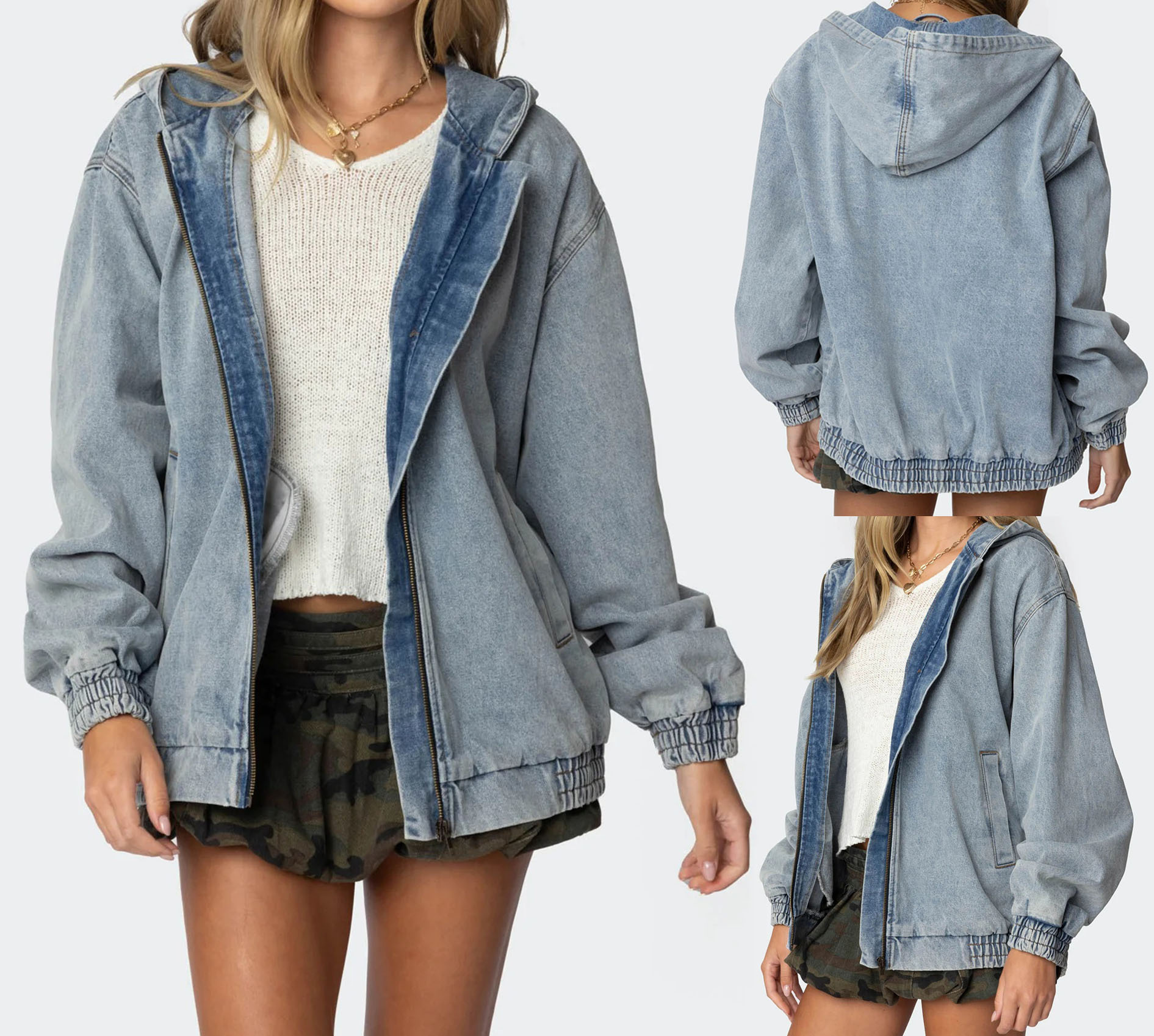 Women's Casual Streetwear Hooded Denim Bomber Jacket with Zip-Up Elastic Cuffs Light Blue Slouchy Fit Autumn Stonewashed