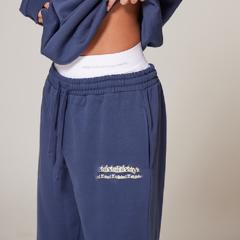 Women Navy Custom Cotton Fleece Terry Loose Lounge Jogging Pants Comfy Soft Drawstring Straight Leg Joggers