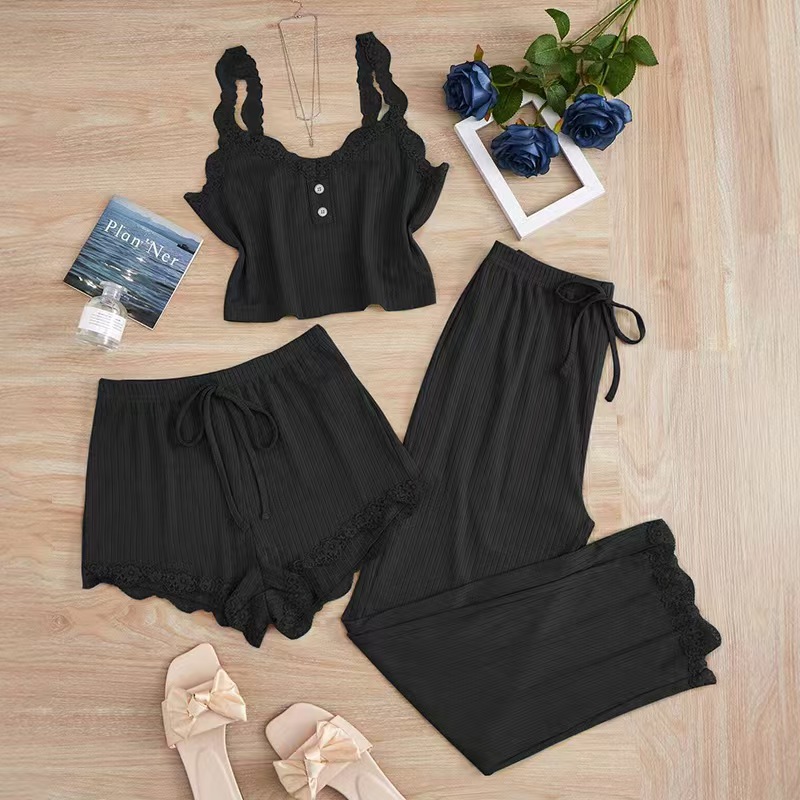 Women's Summer 3PCS Pajama Sets Party Gift Solid Vest Shorts and Pants Paired with Lace Splicing for Homewear Sexy Sleepwear Set