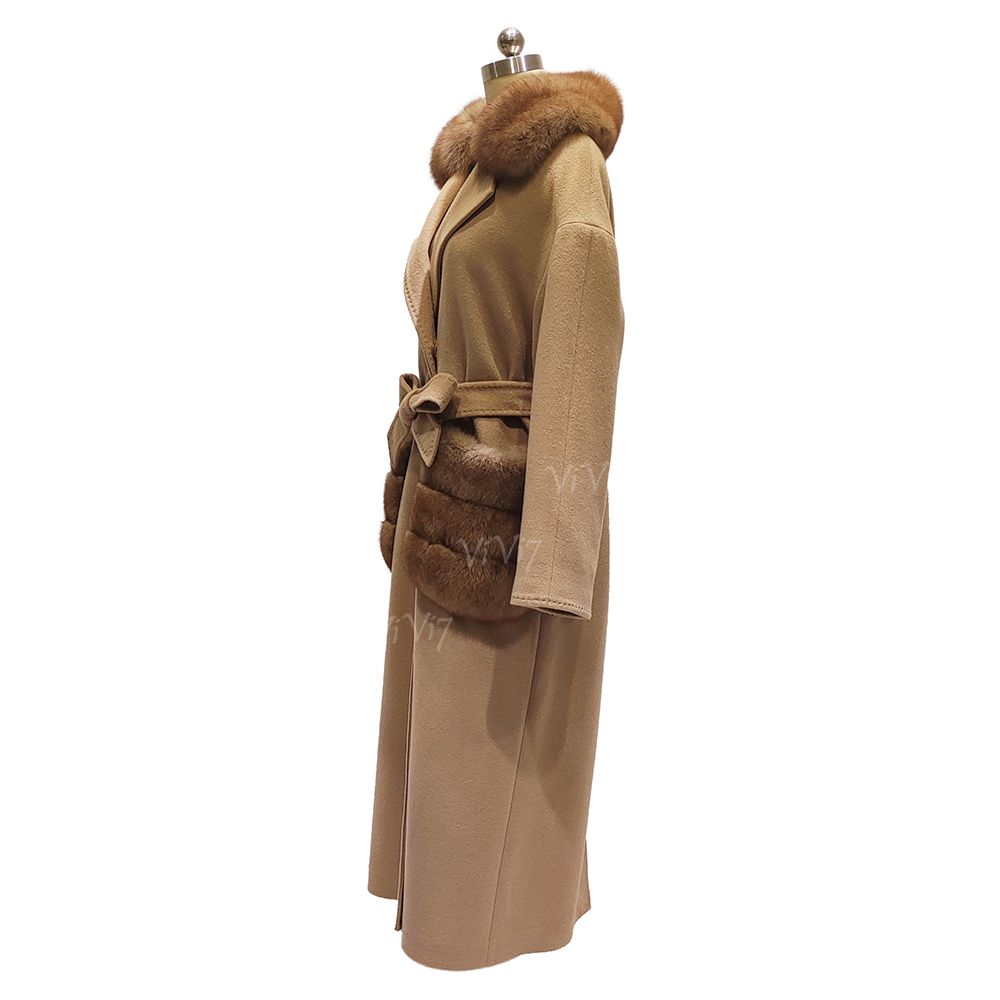 ViVi7 Luxury High End Premium Elegant 100% Wool Fabric Belted Waist Tie Waist Long Length Overcoat Women Wool Fox Fur Coat