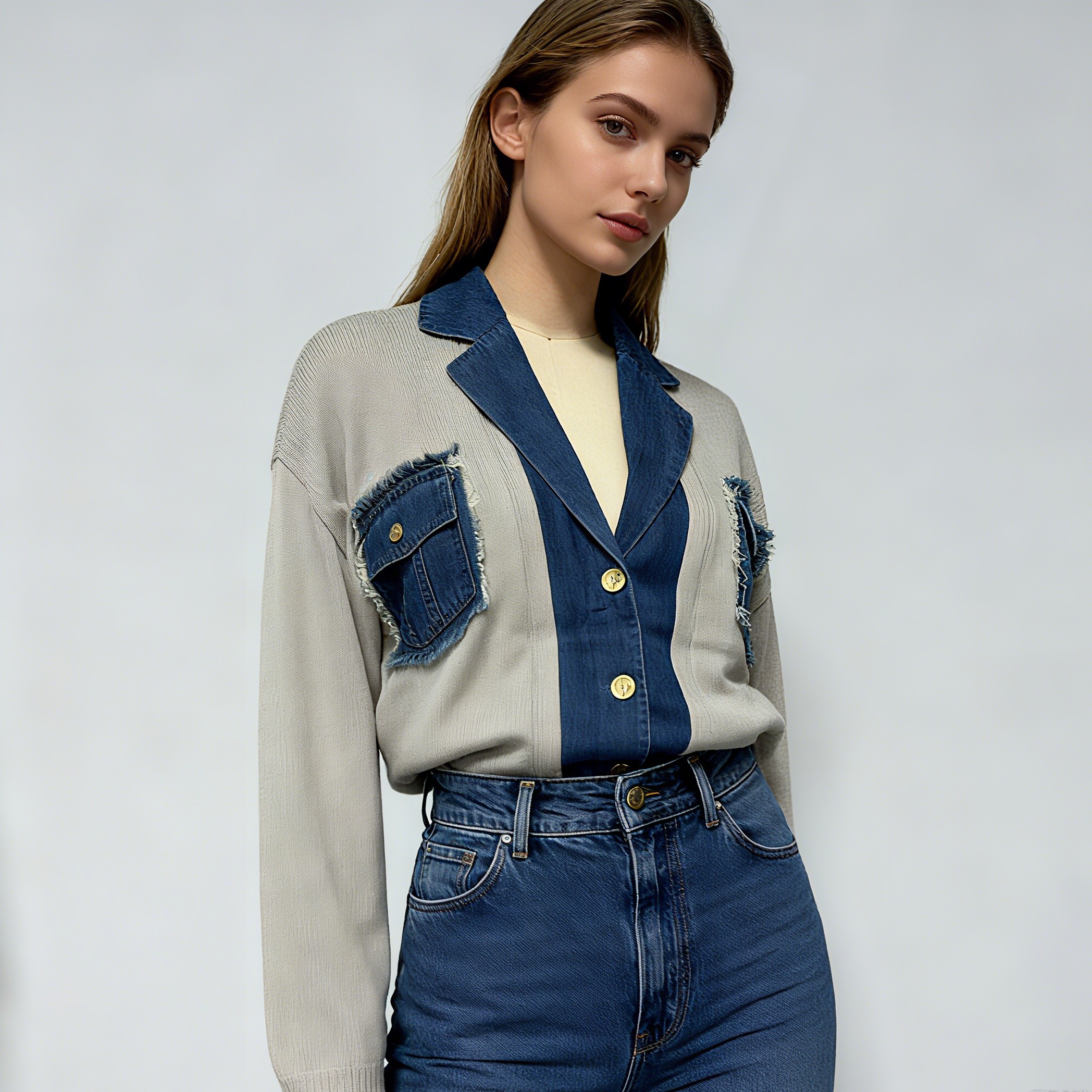 Denim Patchwork Knitted Cardigan With Blazer Collar Women's Coat Autumn Winter Fashion Statement Outerwear