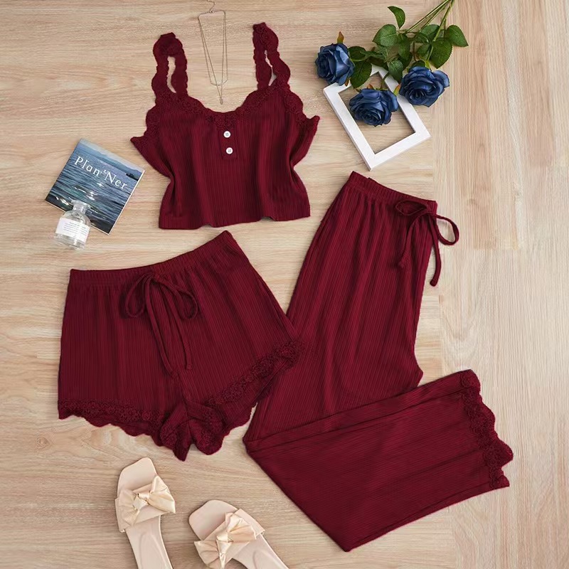 Women's Summer 3PCS Pajama Sets Party Gift Solid Vest Shorts and Pants Paired with Lace Splicing for Homewear Sexy Sleepwear Set