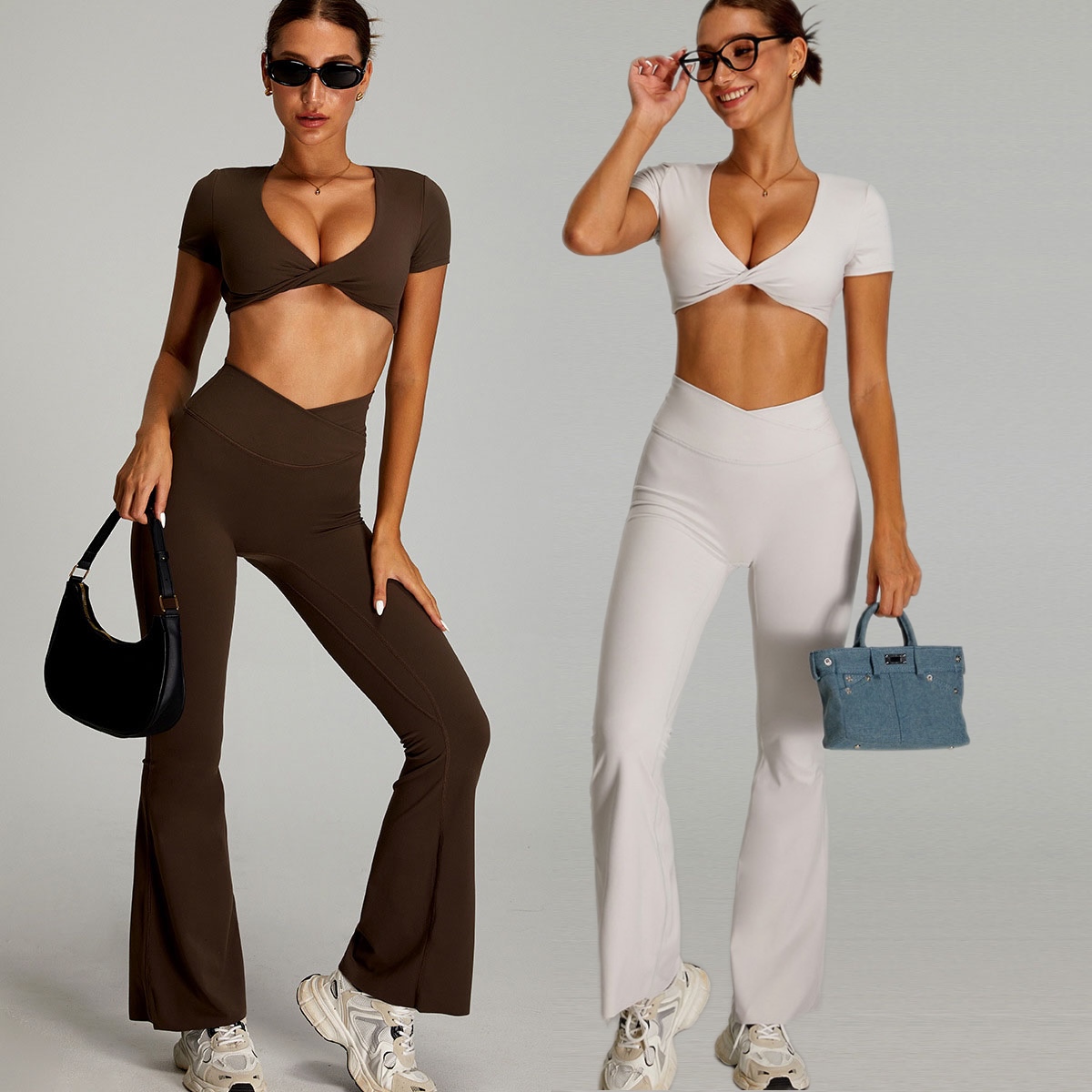 Latest Design Deep V Sexy Y2k V Shape Flare Activewear Sports Gym Pilates Women's Sets Summer Short Sleeve Loungewear Women Sets